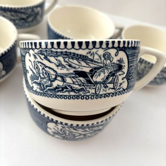 Currier Ives Teacups Vintage 1950s Old Grist Mill Horse Buggy Coffee Set of 6 - Picture 4 of 6